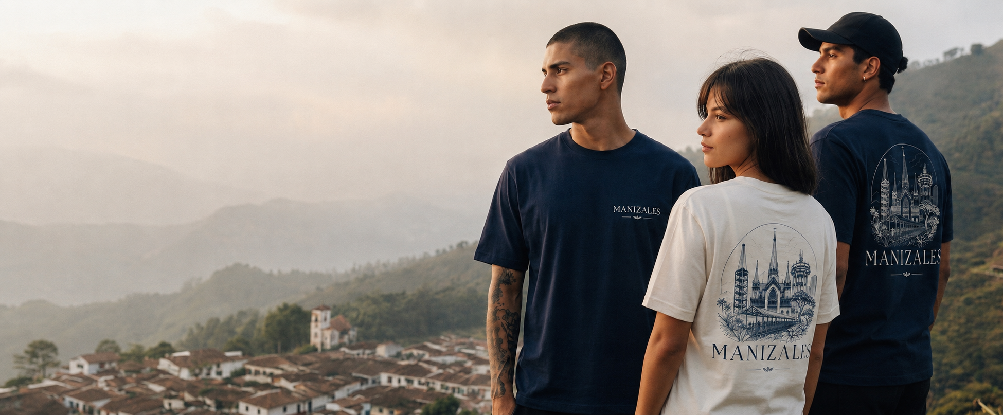 Personas en la montaña colombiana con camisetas de la marca