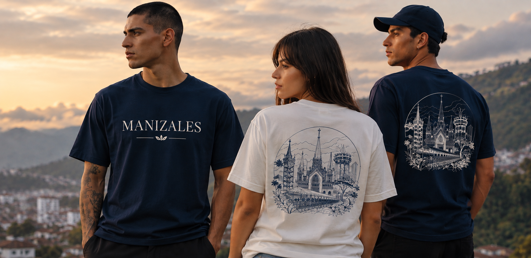 Personas con camisetas blancas y azules de Manizales al atardecer en la montaña colombiana